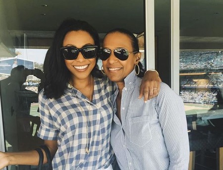 The actress Meagan Holder pictured with her mother Dianne Vendange at Dodgers Stadium, Los Angeles.